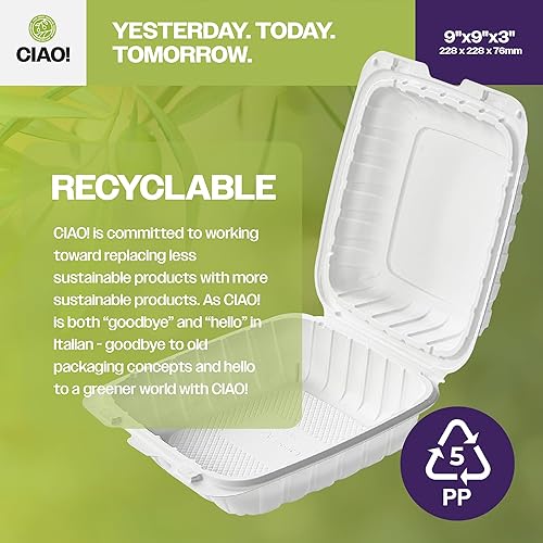 Miniatura 3 de CIAO! Contenedor blanco con bisagras MFPP de 9"x9"x3" con tapa 1 compartimento (caja de 150)