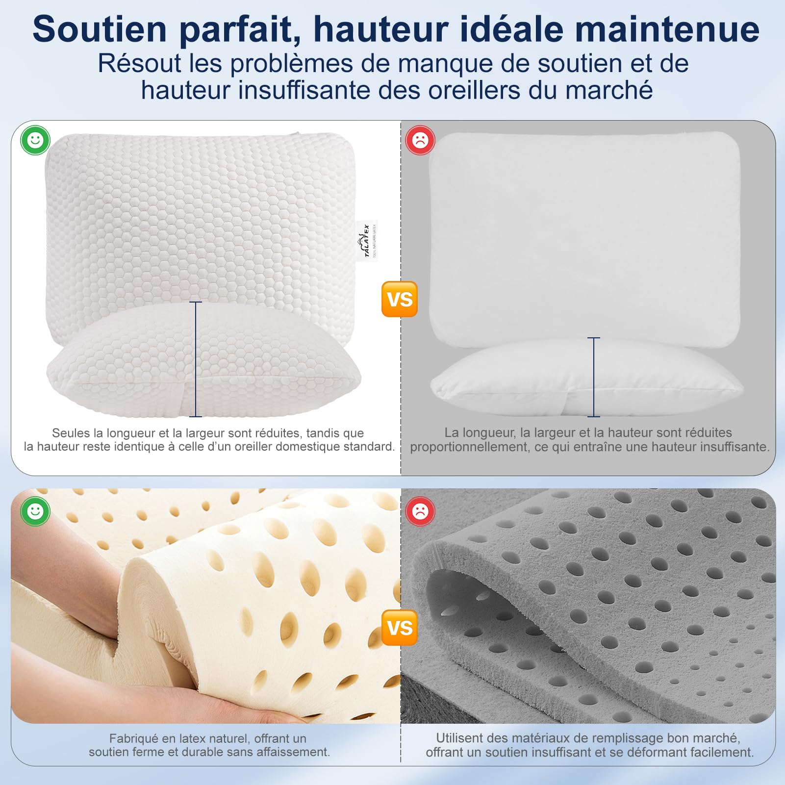 Talatex Oreiller de Voyage et Oreiller de Camping, 100% Latex Naturel Premium, léger et Facile à Transporter, avec Sac de Compression et Housse Amovible Lavable (40 * 30 * 15cm, Doux)