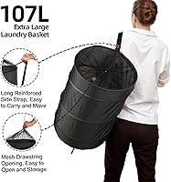 Vista 3 de BATTOO Cesta de ropa extra grande resistente de 107L de 17.5" x 27" plegable con correas largas y cordón ajustable, cesta plegable para cuarto