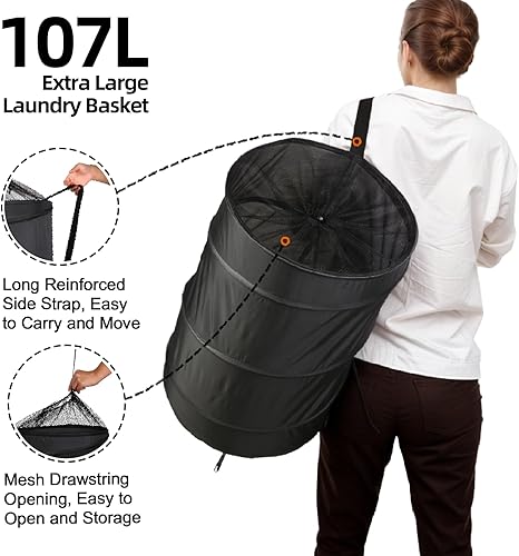 Miniatura 3 de BATTOO Cesta de lavandería extra grande de 107 litros de 17.5 x 27 pulgadas, plegable, con correas largas, barril de cordón, cesta plegable para