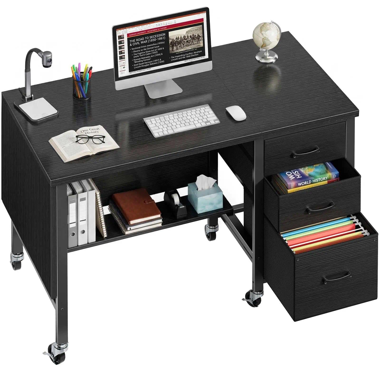 View 1 of [Missing most pieces, partial set] Rolling Teacher Desk with File Drawer & Privacy Panel, 47" Mobile Computer Desk with 3 Storage Drawers on Wheels, Modern Office Desks with File Cabinet for Classroom & Home Office, Black