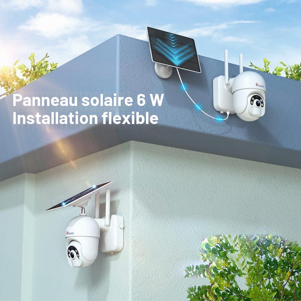Ctronics 6W Panneau Solaire Caméra Surveillance Extérieure, 2K 3MP, Vision Nocturne Couleur 30m & Spotlight, PC/APP, FTP/Cloud/128Go, PIR Détection Mouvement, Audio Bidirectionnel, IP66