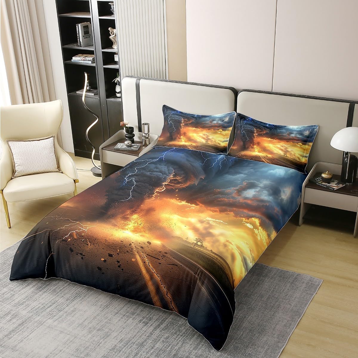 Manfei 100% Cotton Tornado Duvet Cover,Natural Disaster Burning Fire Flame Comforter Cover(No Filler),3D Lightning Gray Clouds Print Decorative Quilt Cover,3Pcs Full Size