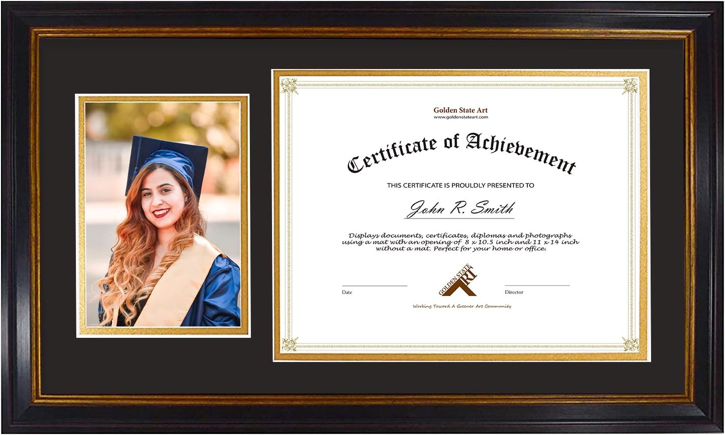 Golden State Art, 11x19.5 Frame for 8.5x11 Diploma/Certificate & 5x7 Picture, Black Gold & Burgundy & Gold Trim. Includes Black Over Gold Double Mat and Real Glass (1 Pack)