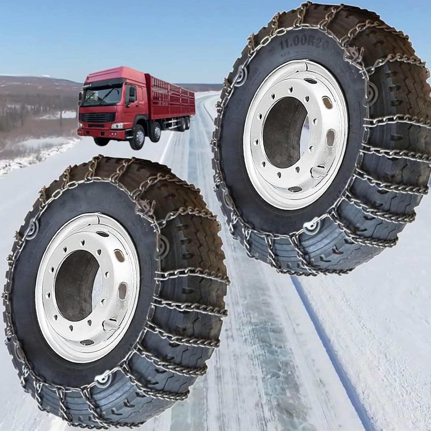 Set of 2 Snow Chains For Cars Suv Pickup Trucks Commercial trucks AVT- Quick Fit AND Easy Installation,Reusable Universal Emergency Traction Snow Chains 10R22.5 2pcs 285/80R22.5
