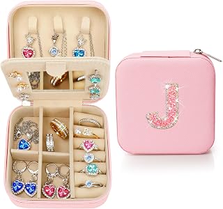 Bling Sparkly Initial Jewelry Case,Personalized Gifts for Teen Girls,Kids,Women,Brides, Bridesmaids, Glitter Rhinestone Travel Jewelry Box,Easter Birthday Christmas Gifts, Small Size (Pink J)