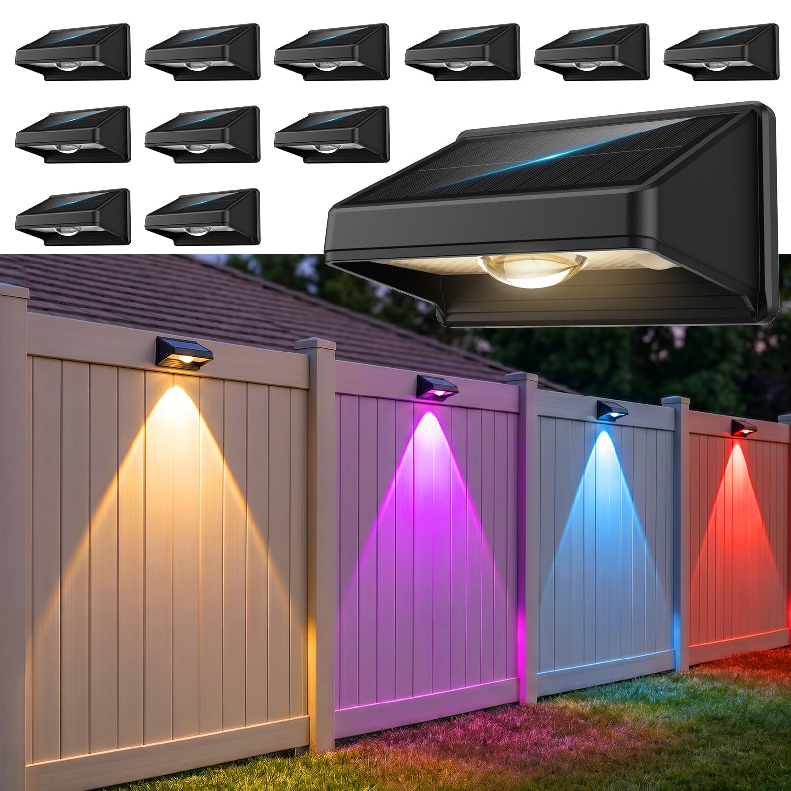 Solar Fence Lights Outdoor,7 Colors &amp; RGB Fence Lights Solar Powered,12Pack