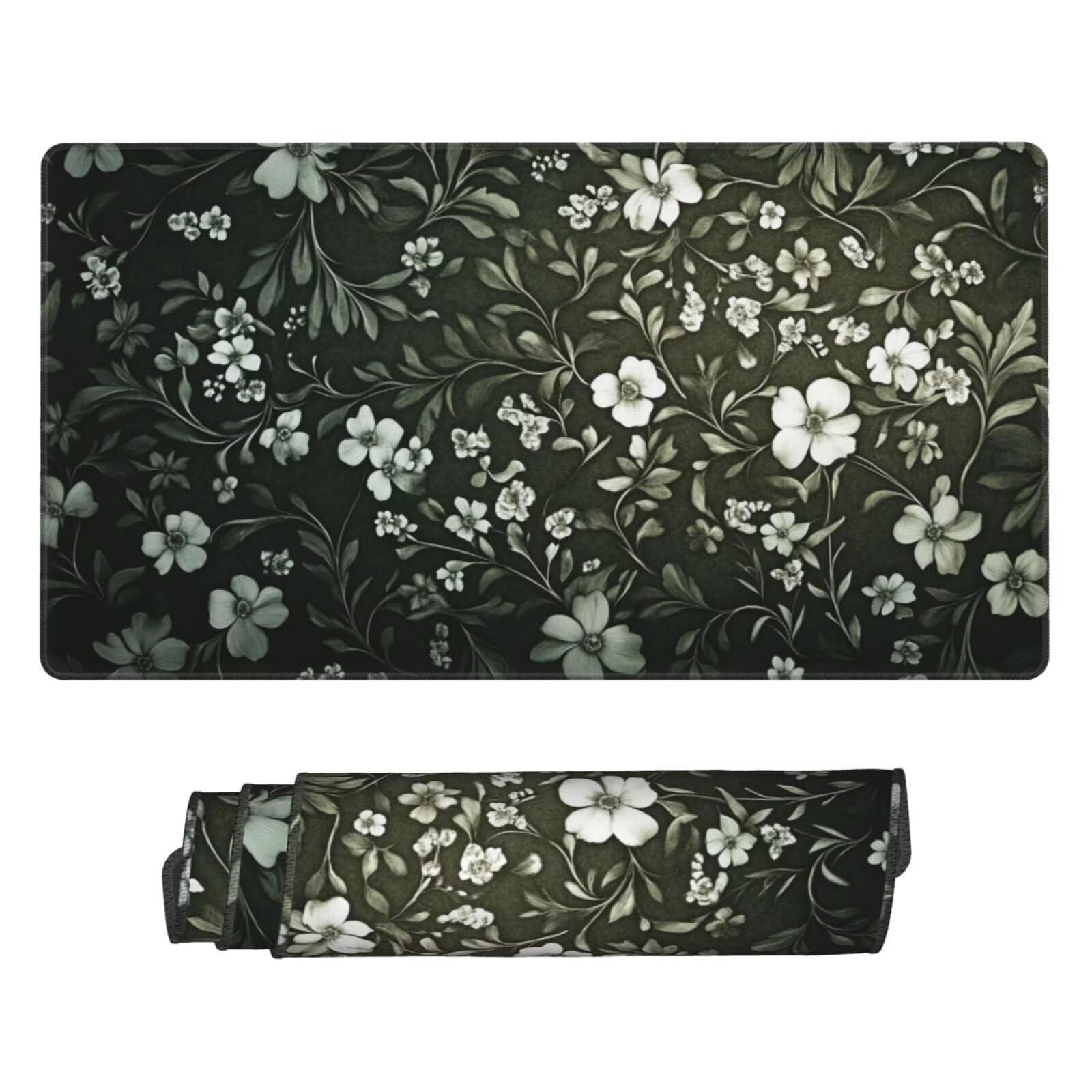 Gaming Mauspad XXL 900x500x3mm Mousepad Verlängertes Groß Mauspad Schreibtischauflage,Genähte Kanten Rutschfeste Gummibasis,Verbessert Präzision Geschwindigkeit Home Office Blumen Grüne Blätter L-3506