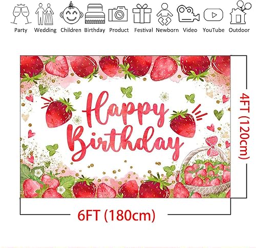 Miniatura 10 de Mocsicka Telón de fondo de cumpleaños de fresa para decoración de fiesta de cumpleaños de niña de fresa, fondo de fotografía de cumpleaños de dulce