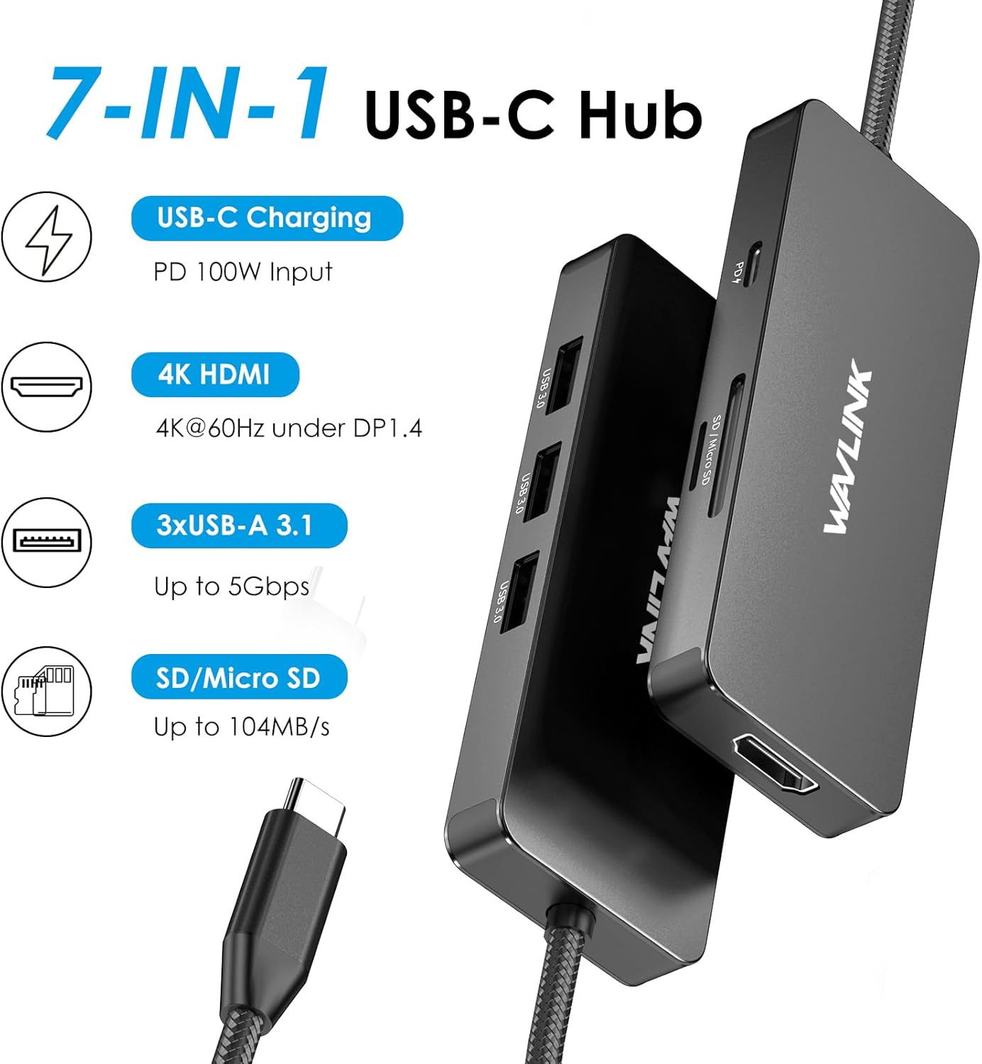 WAVLINK USB C Docking Station Dual Monitor, 4K HDMI, 100W PD, 3X USB3.1, SD/TF Card Reader, USB C Hub Dongle for MacBook Pro/Air, iPad Pro, Surface, XPS, Thunderbolt 3/4 Laptops, Black