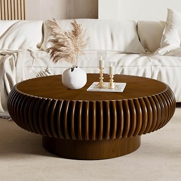 Walnut Round Drum Coffee Table Wooden Fluted Coffee Table 80cm
