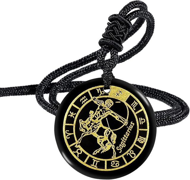 Nupuyai Engraved 12 Constellation Pendant Necklace for Men Women, Round Healing Stone Amulet Obsidian Pendant with Adjustable Rope 46-62cm