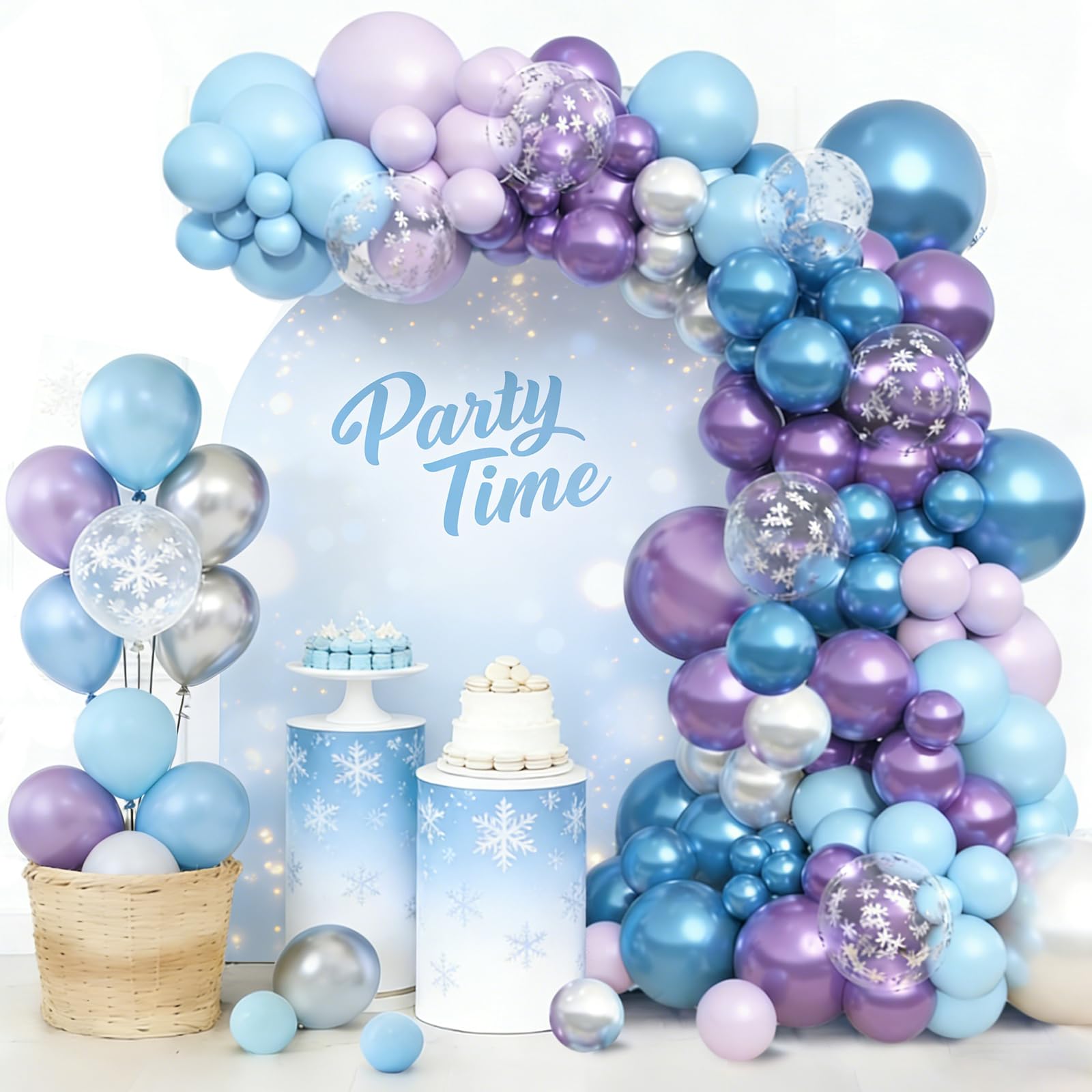 Blue Purple Balloon Arch Kit, Confetti Snowflake Balloons, 103Pcs 18 12 10 5 Inch Different Sizes Balloon Garland, Latex Balloons, Perfect for Birthday, Winter Party, Baby Shower, Wedding Decorations