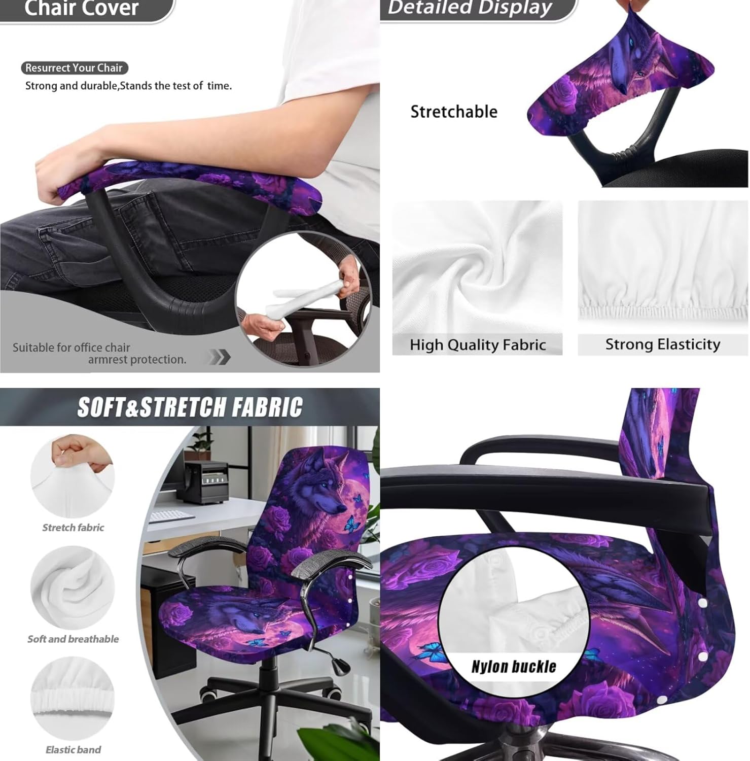 Wolf Purple Wolf Office Chair Seat Covers 3 Pack Office Chair Cover with Arm Rest Cover Stretchable Computer Chair Covers Washable Large