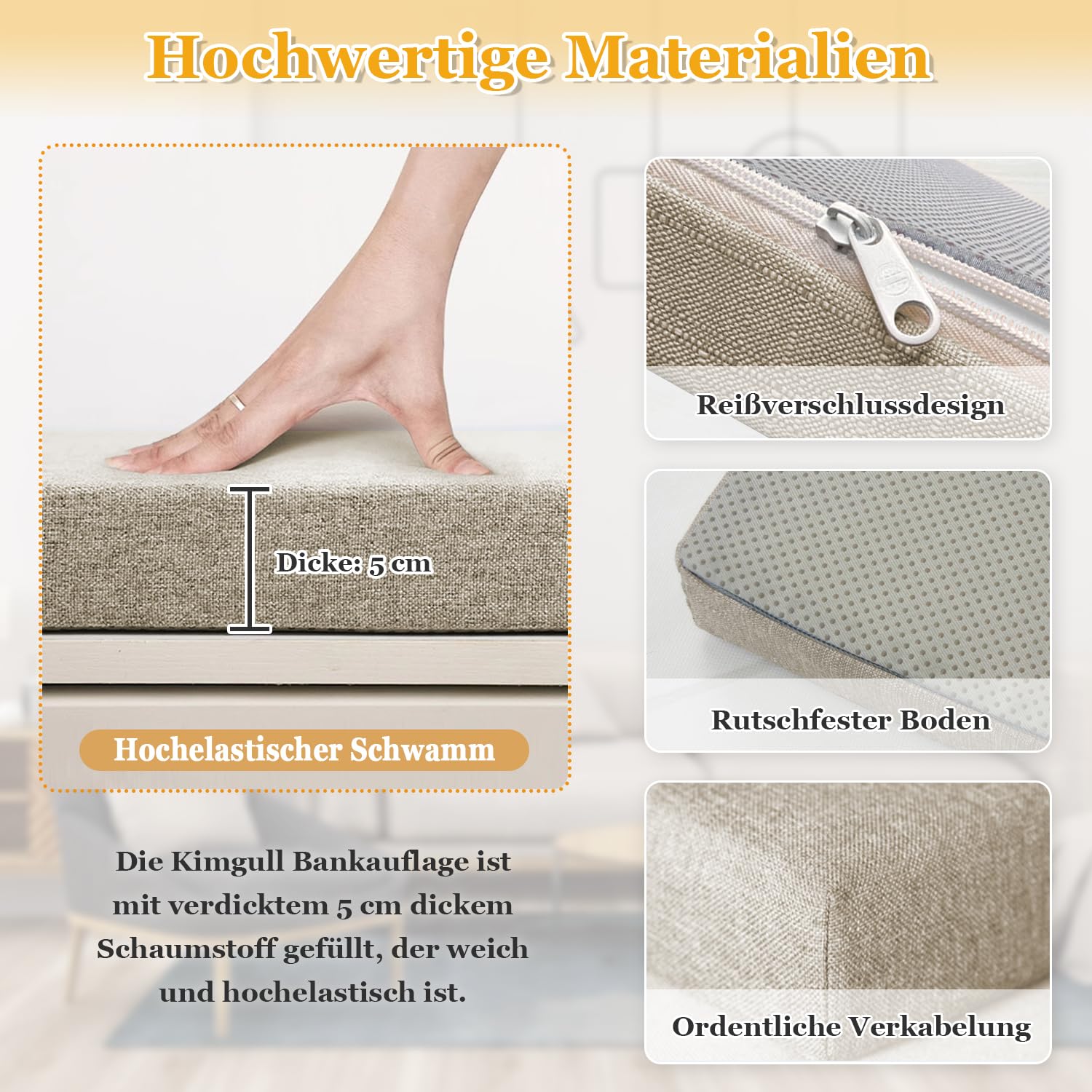 Kimgull Bankauflage Sitzkissen Bank Auflage Ersatzpolster Schwamm Bankkissen Mit Reißverschluss Abnehmbarem Schlippabsicher Stuhlkissen Für Schaukeln Fensterbank (100X30X5CM Taupe)