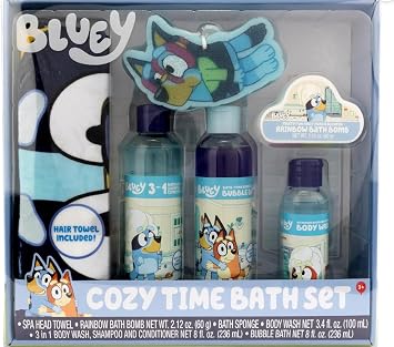 Bluey Cozy Time Set Hair Towel, Bubble Bath, Rainbow Bath Bomb, Sponge, Body Wash