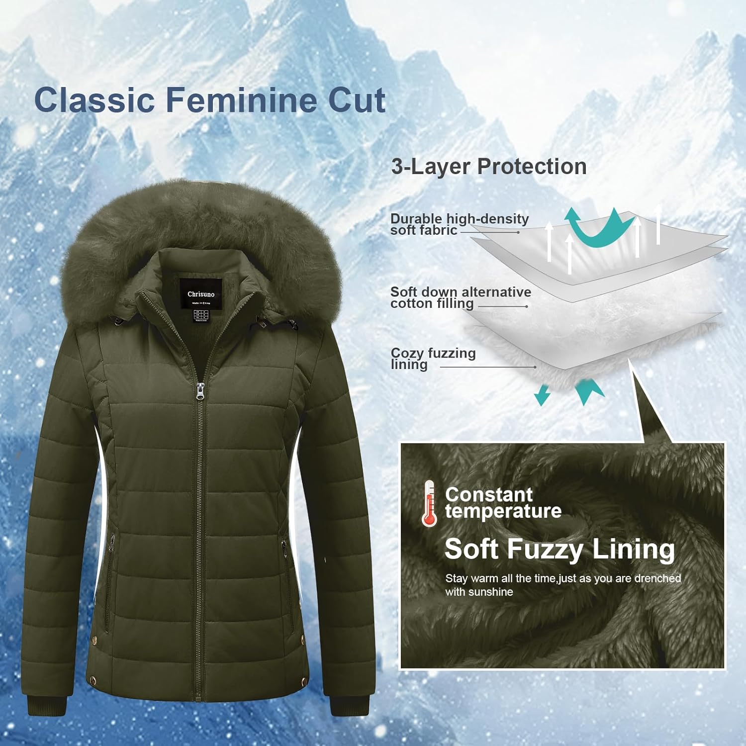 Chrisuno Women's Casual Short Winter Puffer Coat Soft Faux Fur Lining Lightweight Warm Jackets With Removable Hood - Image 4