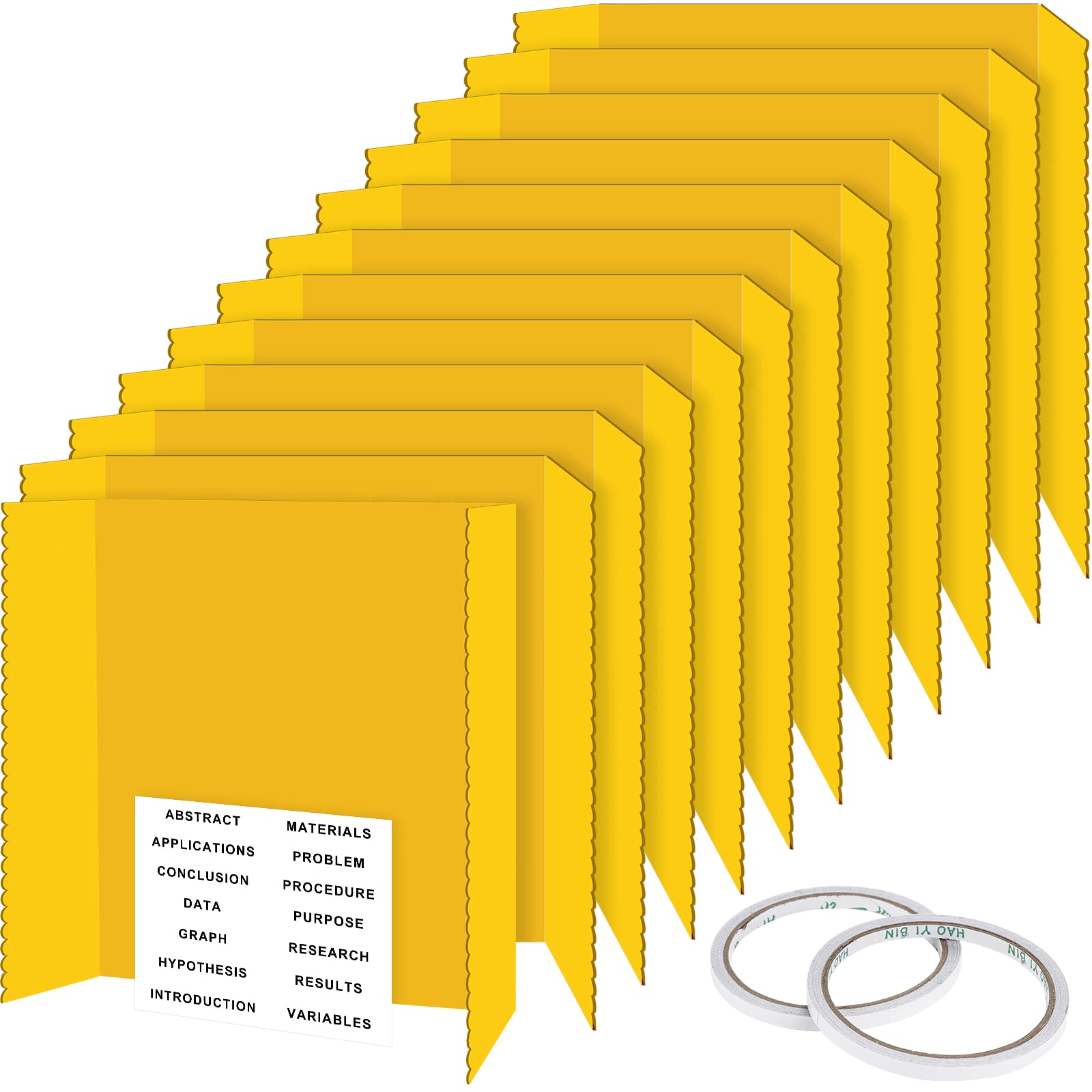 12 Pcs Tri Fold Display Board 36" x 48" Presentation Board Stand with 2 Rolls Double Sided Adhesive Tape and 1 Set Self Adhesive Presentation Science Subtitles for Classroom Office (Yellow)