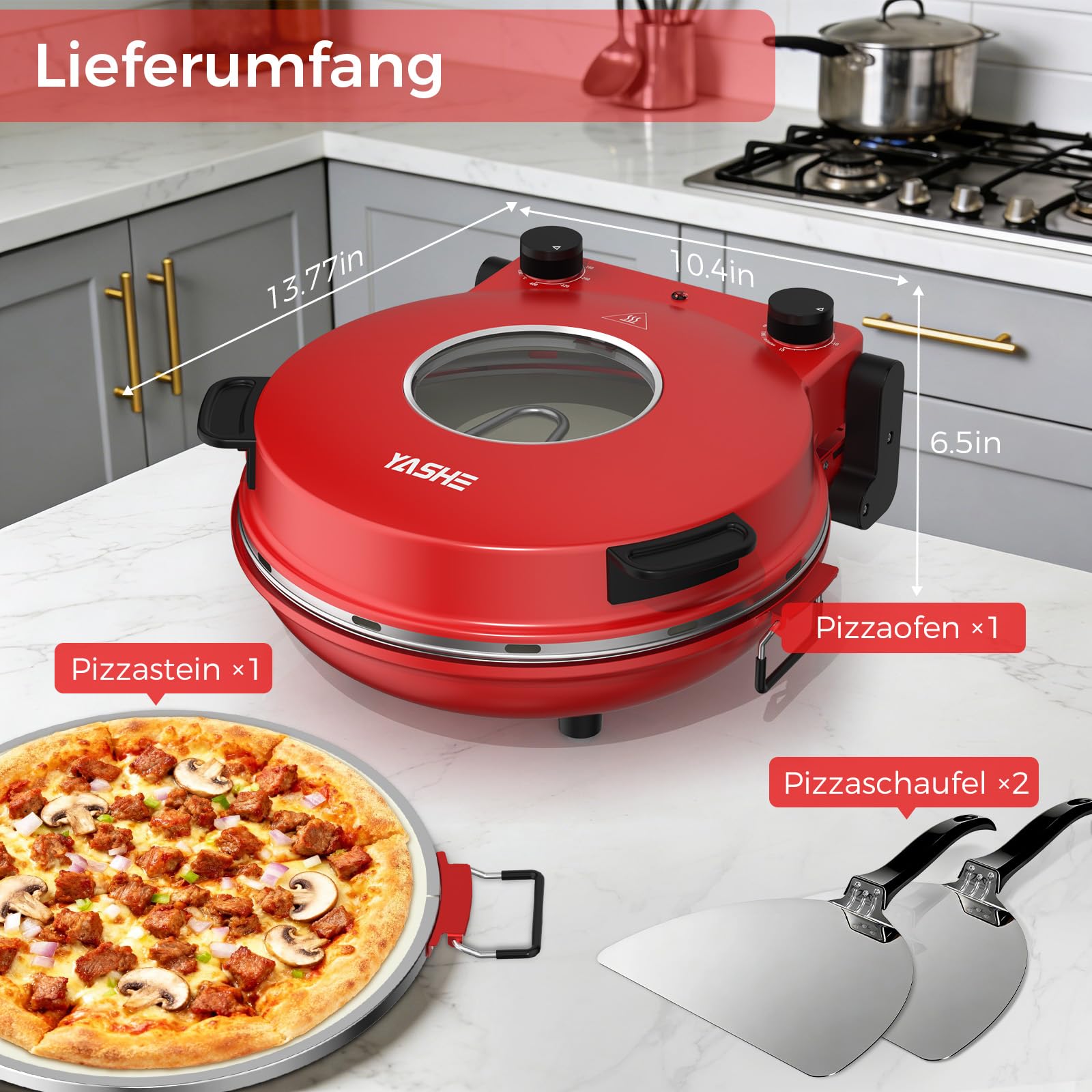YASHE Elektrischer Pizzaofen 400°C 30 cm Keramik-Pizzastein 1200W Ober- und Unterhitze Timer