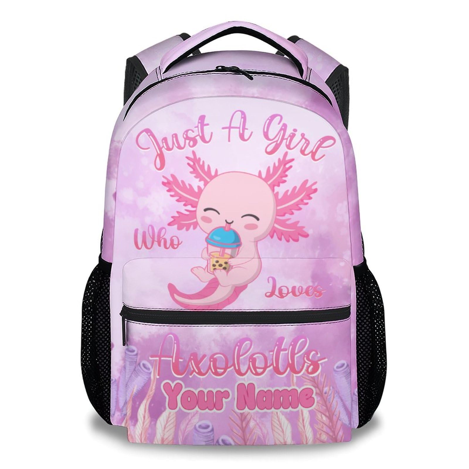 COZYAURA Custom Kids School Backpack - 17 Inch Cute Axolotl Bookbag for Girls - Durable Pink School Bag for Elementary & Travel