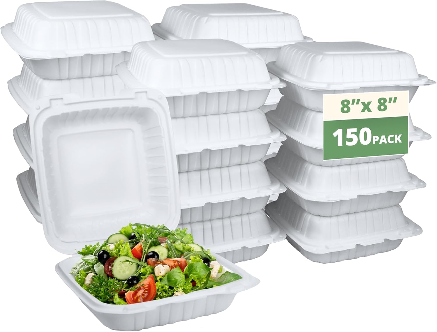 Klex Eco-Friendly Mineral-Filled PP Clamshell Takeout Food Containers [8-Inch, 150-Pack], Microwave Freezer Safe, 8"x8"x3", 150 Count