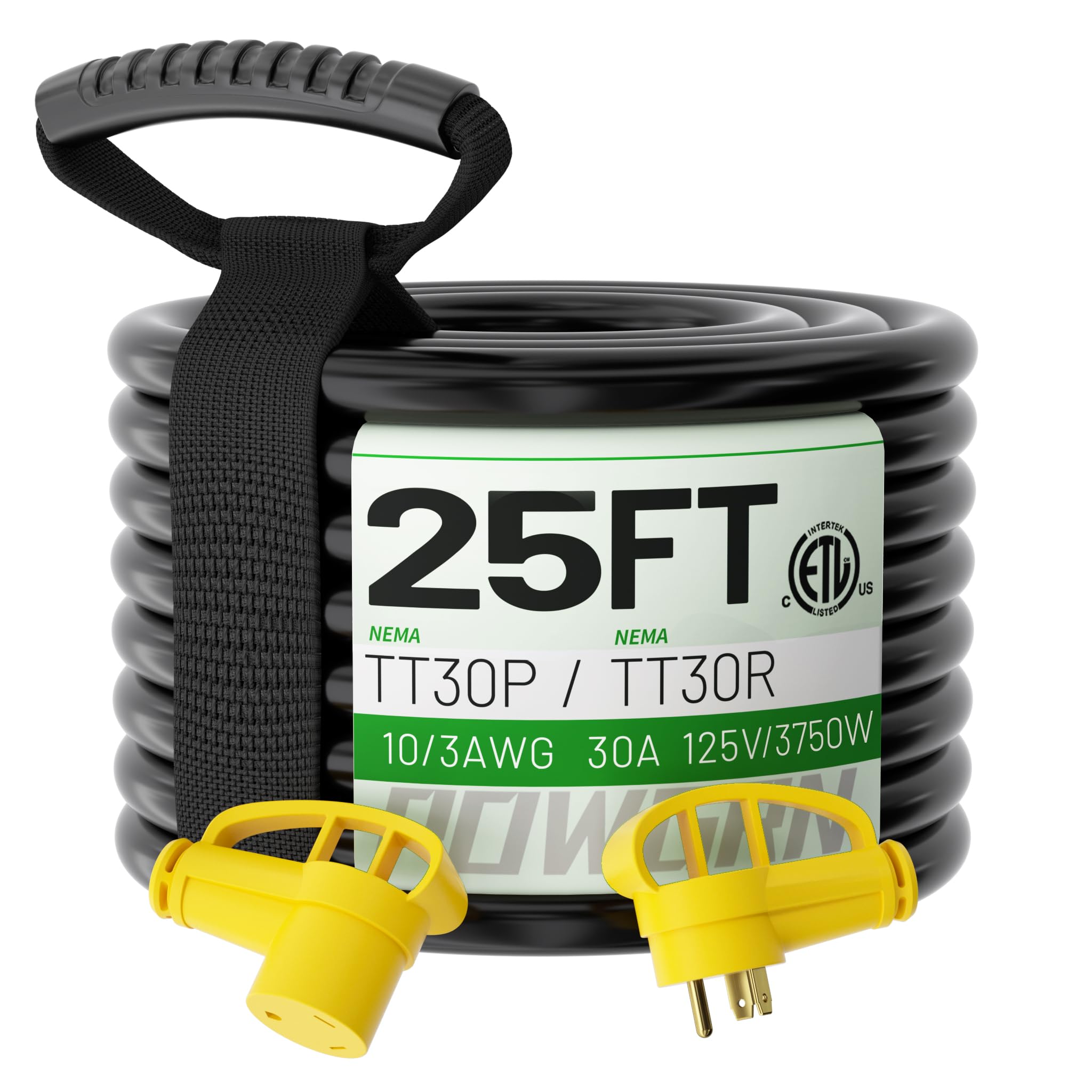 30 Amp RV Extension Cord 25 FT Outdoor with Grip Handle, Flexible Heavy Duty 10/3 Gauge STW 3 Prong RV Power Cord Waterproof, NEMA TT-30P to TT-30R, Black-Yellow, ETL Listed