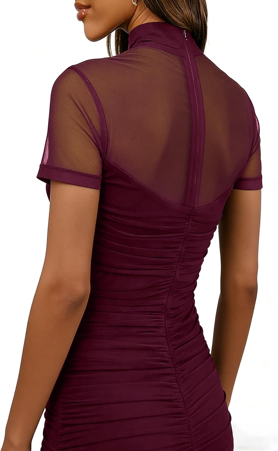 Maternity Mesh Short Sleeve Mock Neck Ruched Bodycon Pregnancy Midi Dress Baby Shower Photoshoot Back Zipper