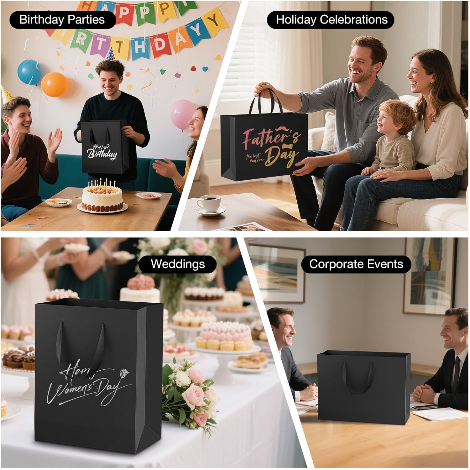 Acina Large Black Gift Bags: 12.5x4.5x11 Inch 6pcs Paper Bags With Handles Bulk For Party Shopping Birthday Wedding (L-6) - Image 4