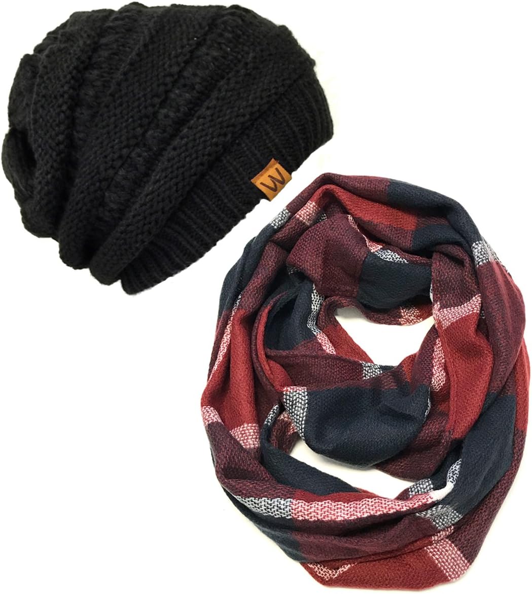 Bowbear Tartan Winter Infinity Scarf with Beanie