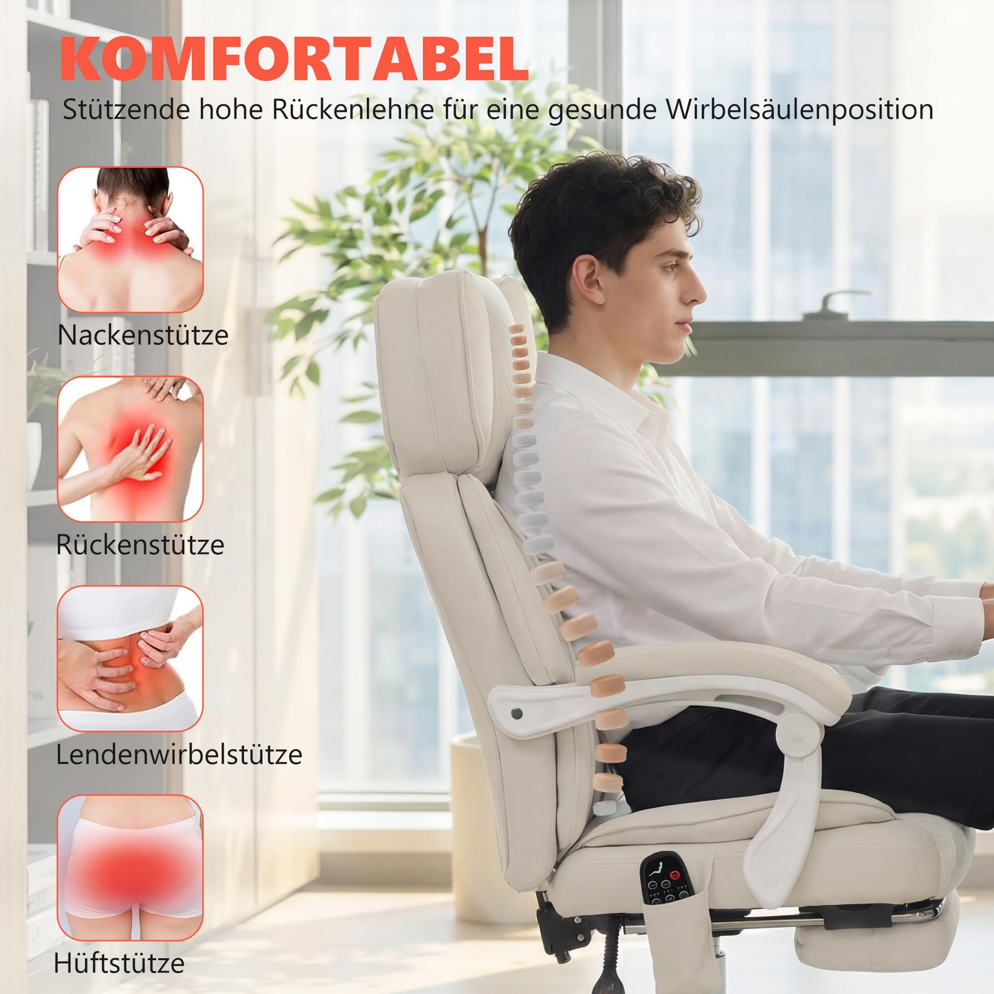 HOMCOM Bürostuhl mit Massagefunktion, Ergonomisch Schreibtischstuhl mit Liege- & Wärmefunktion, Verstellbarer Kopfstütze, Höhenverstellbar Drehstuhl mit Lordosenstütze, Fußstütze Kunstleder Cremeweiß