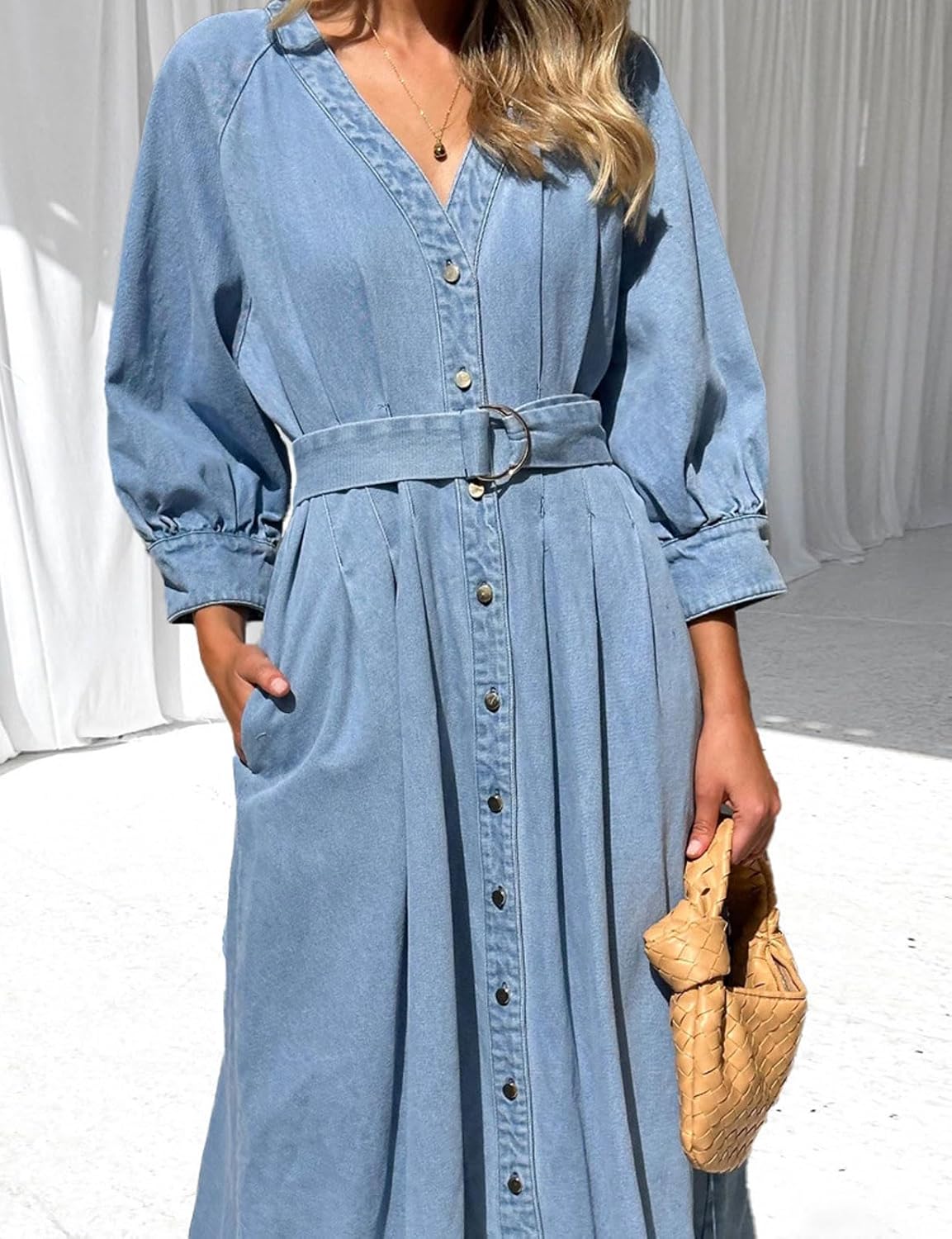 loveimgs Women 2025 Casual Button Down Denim Maxi Dress Pleated A Line Long Jean Shirt Dresses Belted Pockets - Image 3