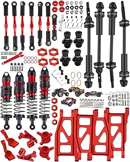 hopsupRC Upgrades for 1/10 Slash/Stampede/Rustler 4x4,Steel Drive Shaft CVD&RC Shocks&Adjustable Turnbuckles Camber Links&A Arm&Caster Block,Steering Blocks,Stub Axle Carriers,Wheel Hex&Hex Hub,Red
