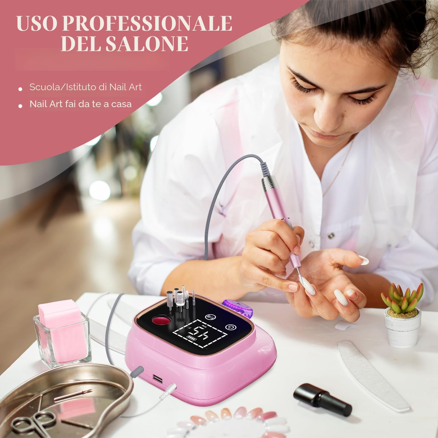 Professional 45000 RPM Fresa per Unghie, Portable Nail File Kit per Qualsiasi Manicure, Pedicure, Acrilico Nails Gel Lucidatura Rimozione, Progettato per Salon, Casa, Regalo, Rosa