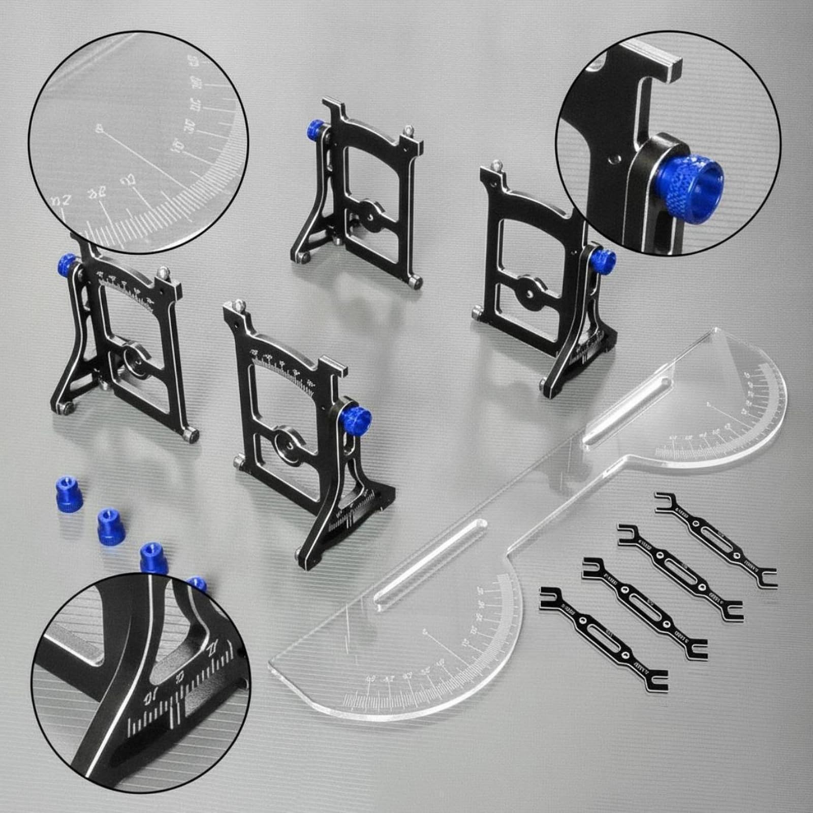 harayaa Calibratore Veicoli in 1/10 Strumento Telaio RC Misuratore Angoli Ruota con Piastra Trasparente Supporti Metallici Regolazioni Rapide Adatto a, Blu, Con Tirante Di Regolazione