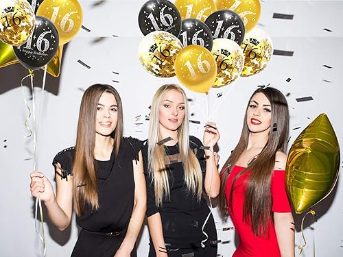 Miniatura 3 de Jonhamwelbor Globos dorados y negros para decoración de fiesta de cumpleaños número 16, paquete de 15 globos de látex y confeti de 12 pulgadas