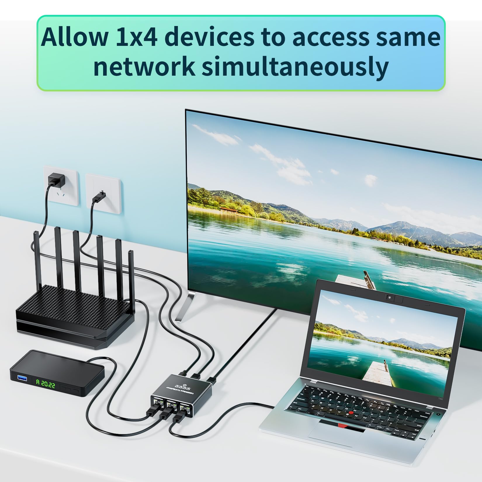 Splitter Ethernet da 1 a 4 ad alta velocità 1000 Mbps, adattatore splitter BolAAzuL Gigabit RJ45 1 in 4 uscite femmina, cavo LAN/Internet Cat 8/7/6/5/5e, splitter di rete 1x4, Plug & Play, con cavo di