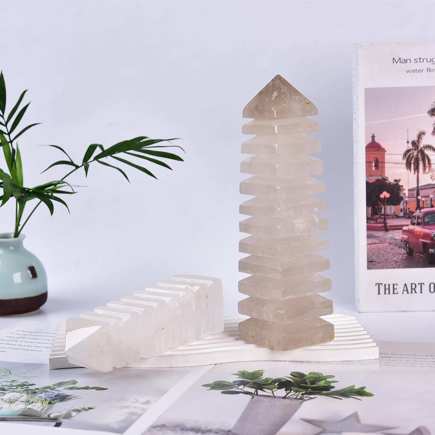 JIC Gem Healing Crystal Tower Natural Clear Quartz Crystal Tower Hand Carved Milky While and Transparent Quartz Multi-Storey Crystal Tower Gift Feng Shui Home Decor Ornaments(1.7-2.2 lbs)