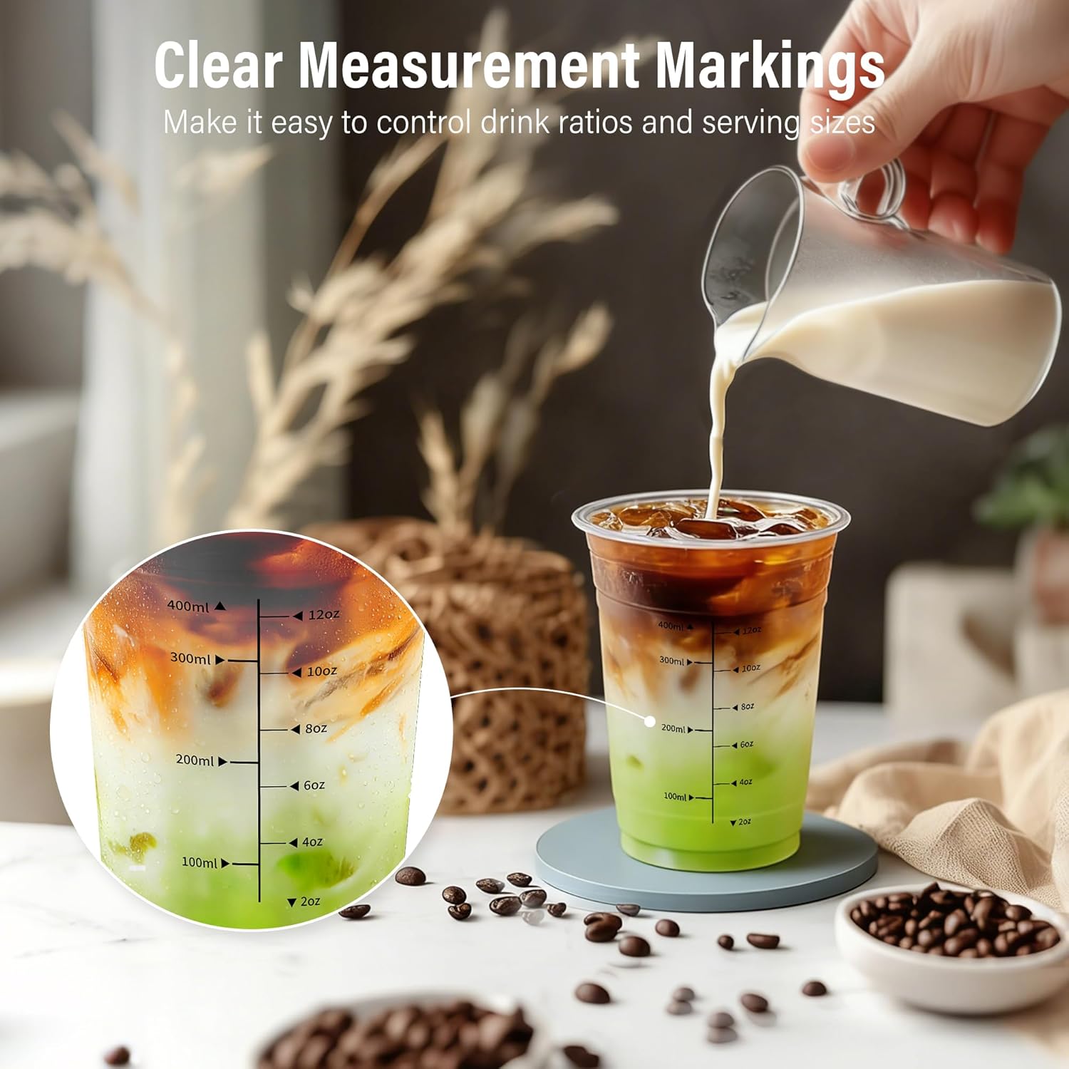 100 Pack - 16 oz Ratio Lines Iced Coffee Cups with Lids & Straws – No Guessing for Consistent Drinks, Disposable Clear Plastic Cups with Lids and Straws for Coffee, Smoothies, Juice, Parties Food Safe