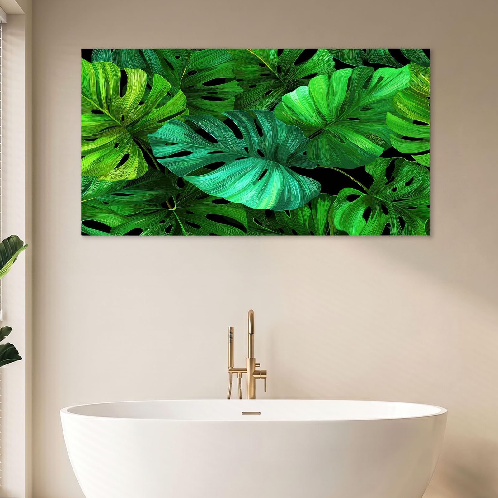 Obraz ścienny z tropikalnymi roślinami, obraz na płótnie - ściana na płótnie 120 x 80 cm, druk na płótnie z liściem monstery, oprawiona sztuka ścienna do salonu i sypialni, dekoracja ścienna, zielony