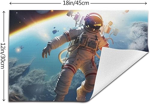 Miniatura 2 de 6 PCS PVC Placemats Set Place Mats Astronaut Flying on Planet Non-Slip Weave Place Mats 12" x 18" Farmhouse Table Mat Set for Family Dinners Wedding