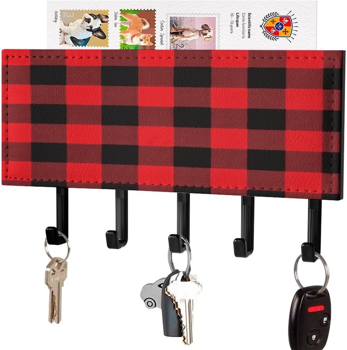 Key Holder Wall Mount Key Hanger with 5 Hooks, Decorative Key Rack | Buffalo Check Hanging Key Hooks with Mail Organizer for Wall Living Room Kitchen Bathroom Hallway