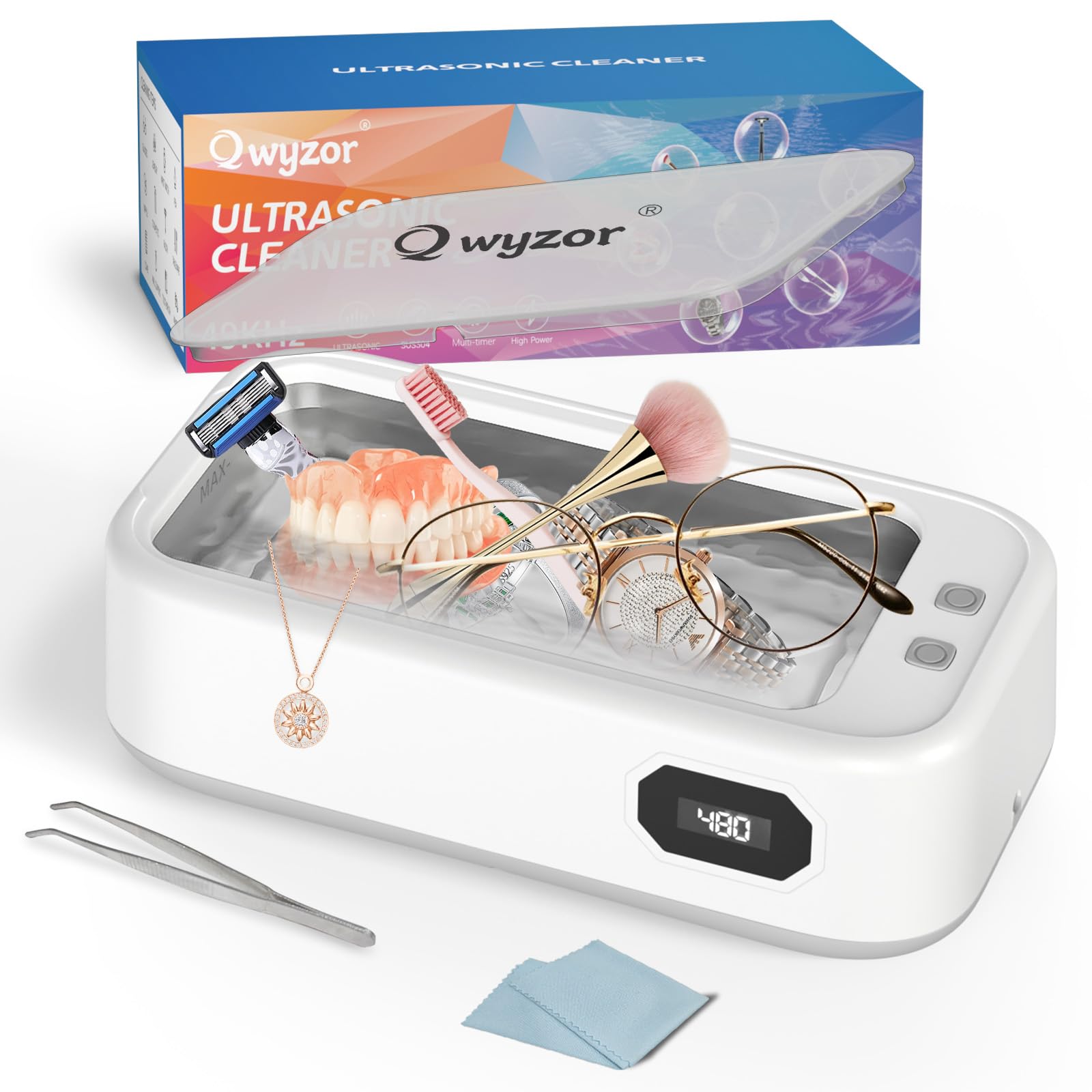 Nettoyeur Ultrasons, 640ml Bac a Ultrason, 49000Hz ultrasonic cleaner avec Écran Numérique, 5 Modes de Nettoyeur Ultrason Bijoux pour Lunettes, Dentiers, Montres, Collier, Monnaie (Bleu) (White)