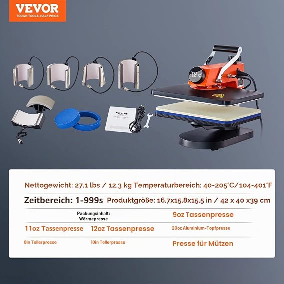 VEVOR Heat Press - 8 in 1 Heat Press Sublimation Machine for DIY T-shirts/Hats/Mugs/Heat Transfer Projects 12x15 Multifunction Heat Press Swivel Away Heat Press with 360° Rotation