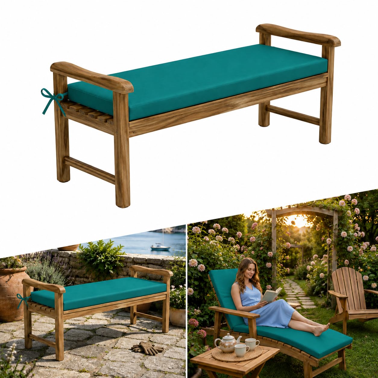 AZMAHT Waterproof Garden Bench Cushion Outdoor Furniture Cushions 2 3 4 Seater Garden Cushions 5cm Thick Bench Seat Pad with Straps & Removable Cover for Patio Swing Seat Sofa,dark green,160x35x5cm