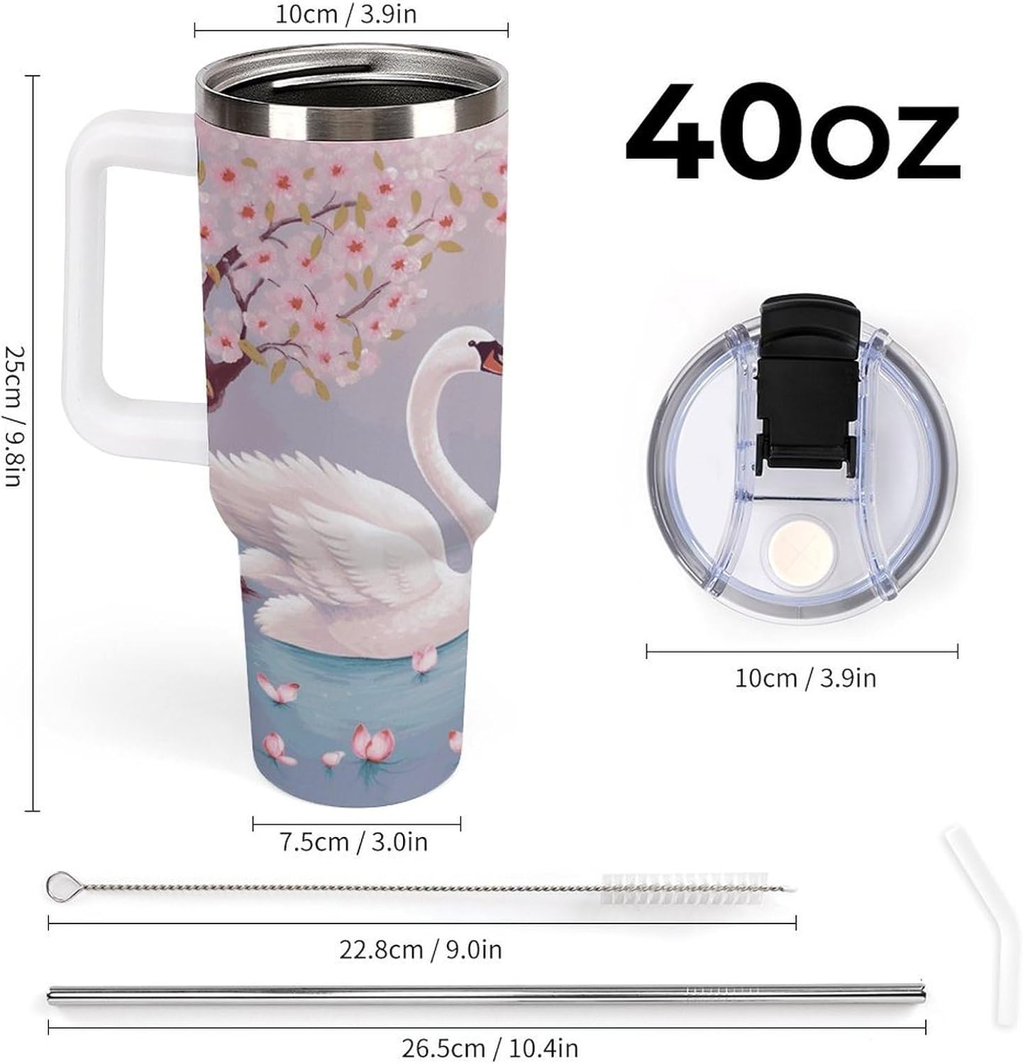 40 Oz Insulated Mug with Handle, Stainless Steel White Swans with Pink Floral Tree Printed Travel Mug Portable Leak-proof Large Car Mug for Home, Office Or Car