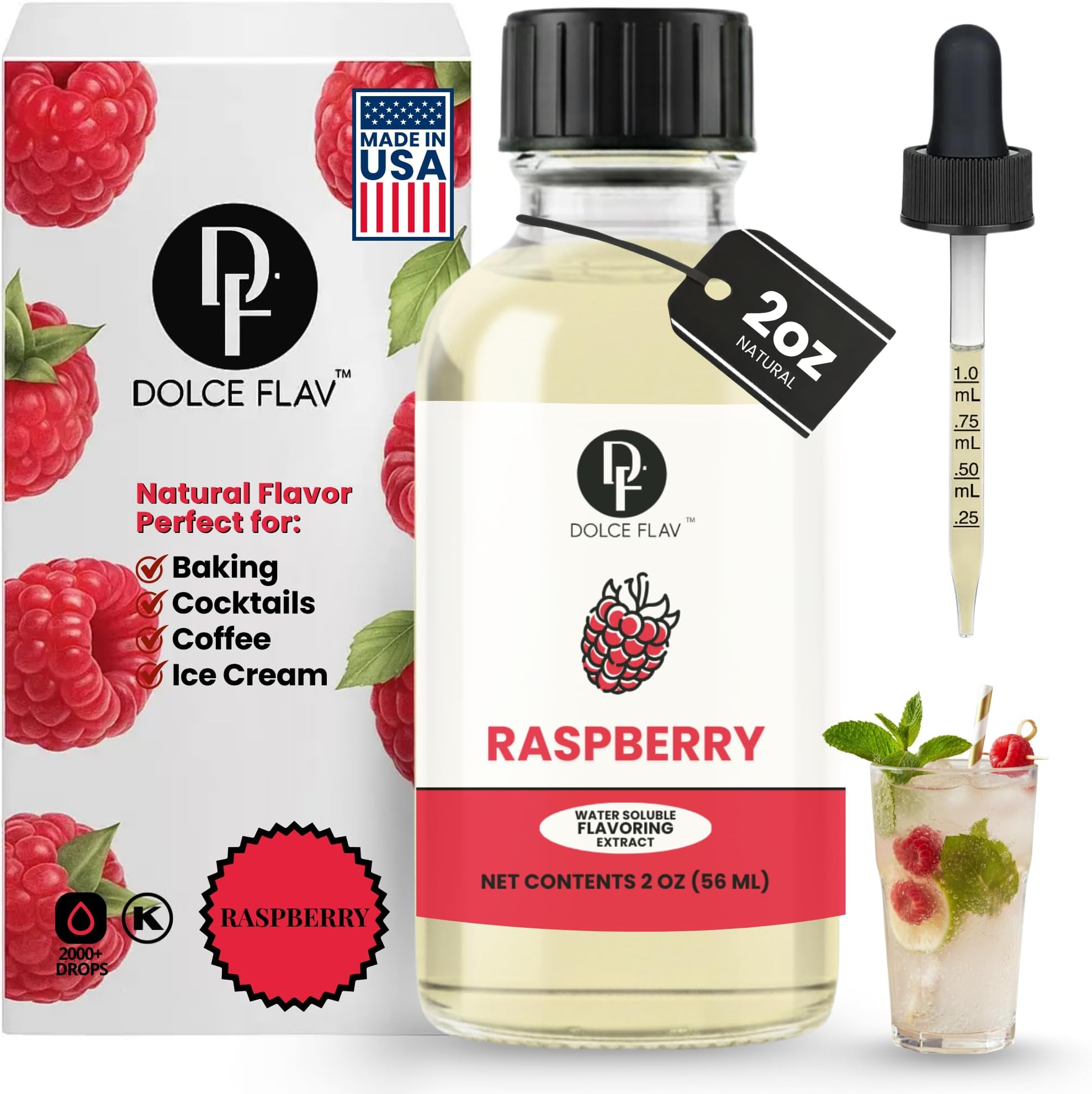 Dolce Flav Natural Raspberry Extract 2 oz – Kosher, Sugar-Free, Concentrated Tart Raspberry Flavoring for Baking, Beverages & Desserts, Includes Measured Dropper