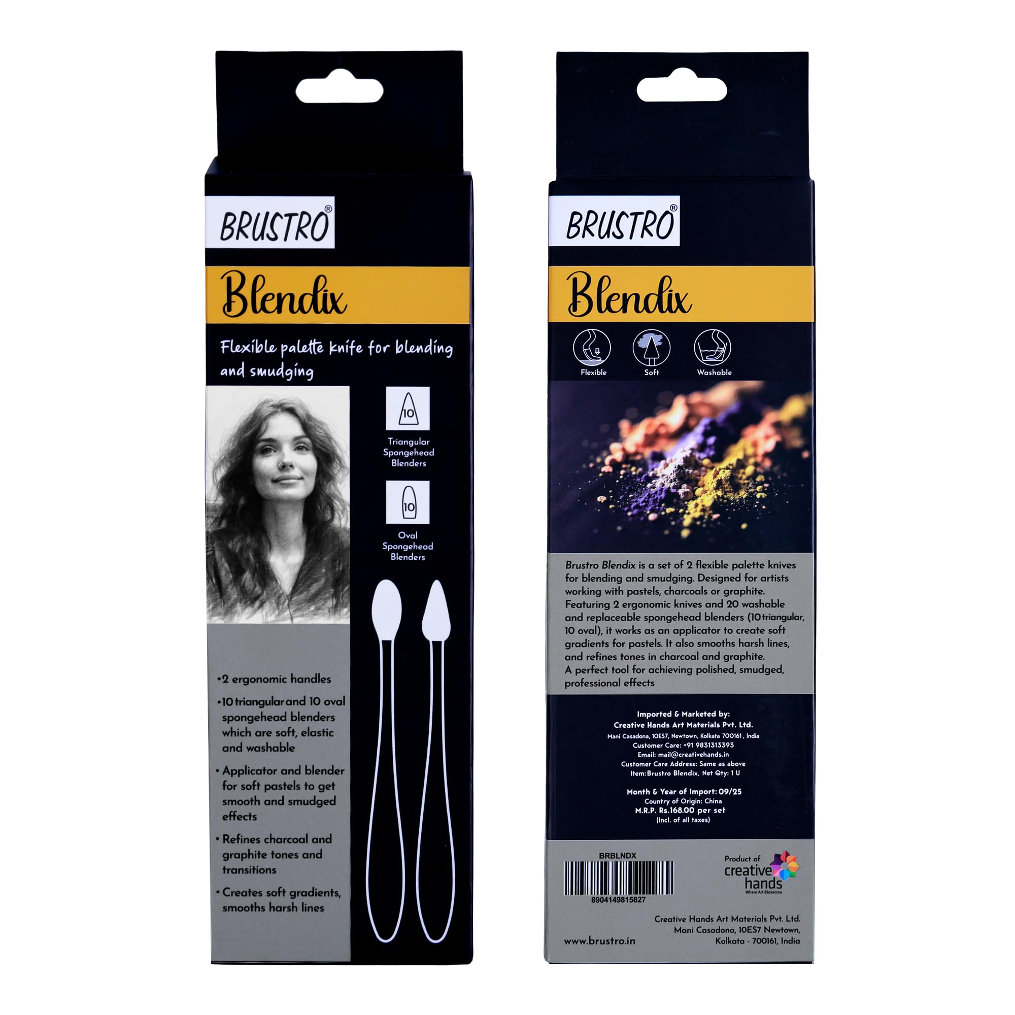 BRUSTRO Blendix Flexible Spongehead Soft Palette Knives | Set of 2 Ergonomic Handles with 10 Triangular & 10 Oval Sponge Blender | Ideal for Blending, Smudging With Graphite, Charcoal, Pastels, Pigment powder etc