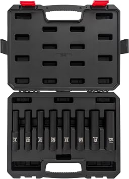 SUNEX TOOLS 2848, 1/2 Inch Drive Impact Socket Set, Extra Long Deep, 8-Piece, SAE, 1/2-15/16, Cr-Mo Alloy Steel, Radius Corner Design, Dual Size Markings, Heavy Duty Storage Case