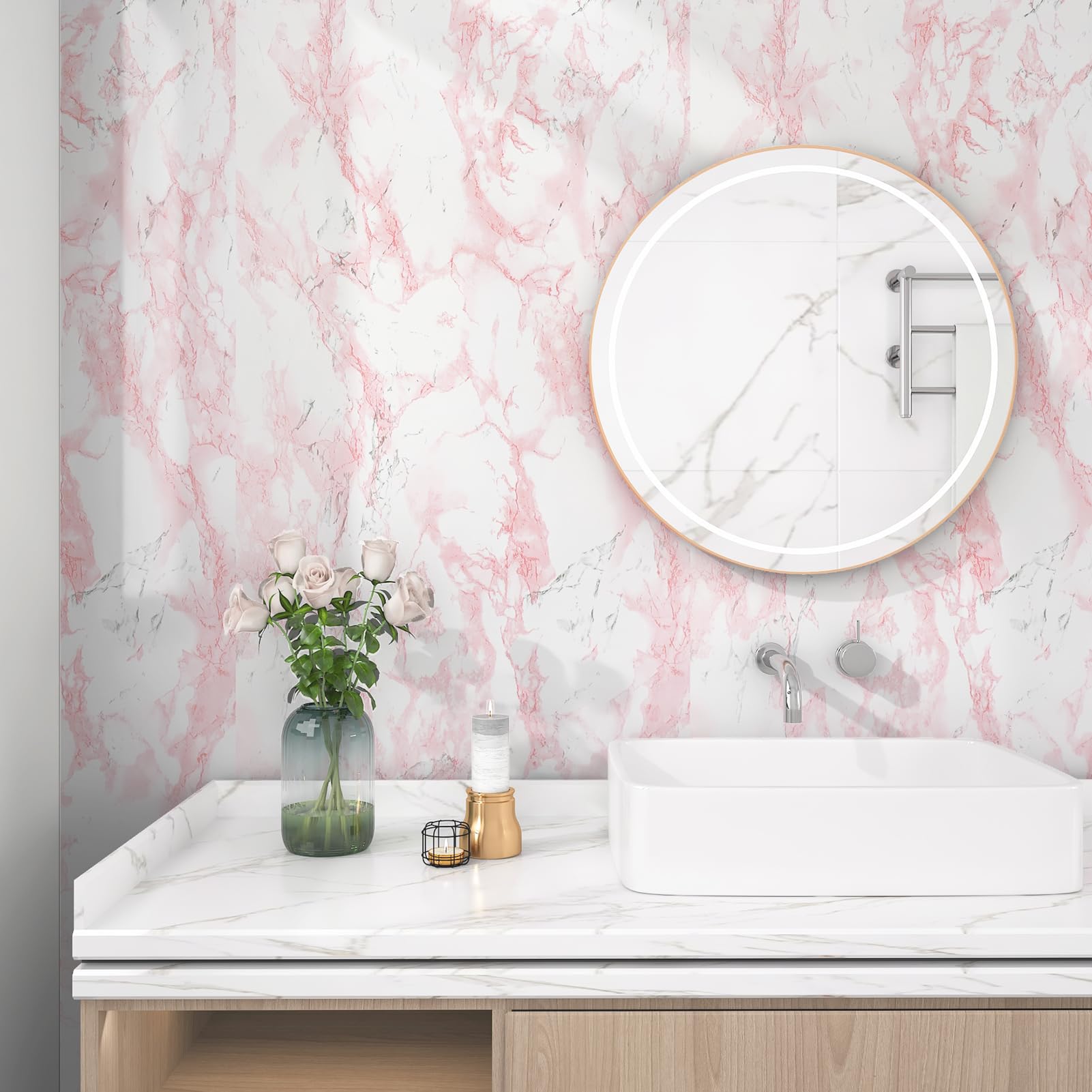 Carta Da Parati Effetto Marmo Bianco Rosa Pellicola Adesiva Per Mobili Tavolo Cucina Rotolo adesivo per pareti Carta Adesiva Per Mobili Armadio Carta Da Parati Autoadesiva Lavabile 40 x 200cm