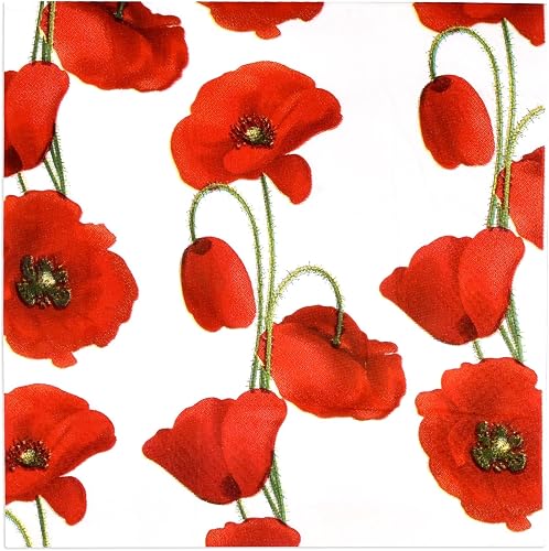 Poppy Cocktail Napkins 100 Pack, Floral 3 Ply Disposable Beverage Napkins for Spring Summer Garden Tea Party Wedding Decor